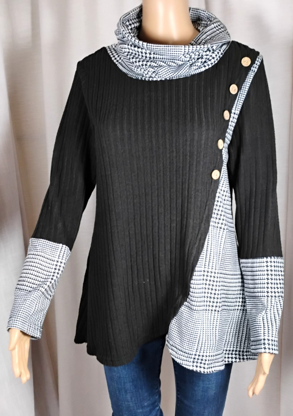 Asymmetrical Sweater Tunic Cowl Neck Rib Knit Plaid Contrast M Cozycore Academia
